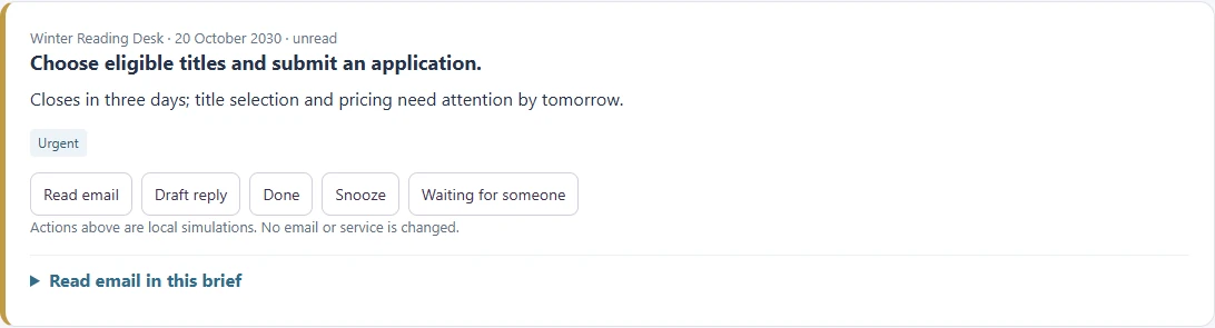 Fictional email action card with Read email, Draft reply, Done, Snooze and Waiting for someone controls