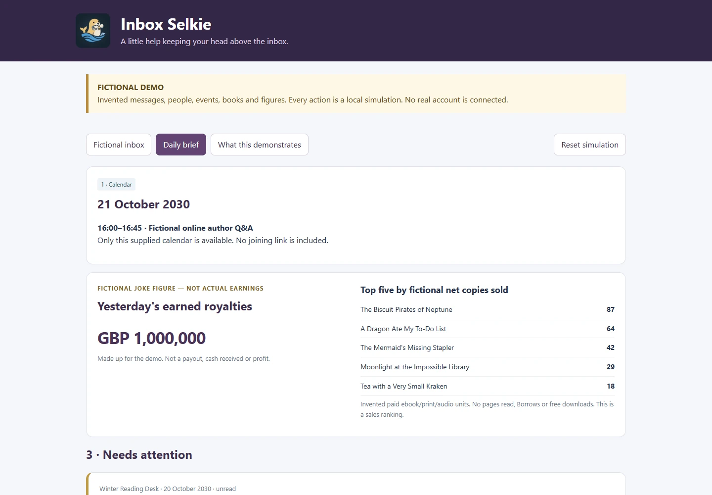 Fictional Inbox Selkie daily brief showing the seal icon, calendar and sample royalties